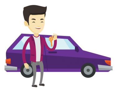 Yeni arabasını anahtarları tutan adam.