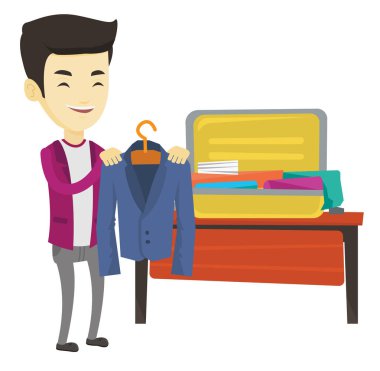 Genç adam onun bavul vektör çizim ambalaj