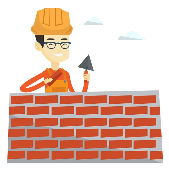 Bricklayer working with spatula and brick. — Stock Vector