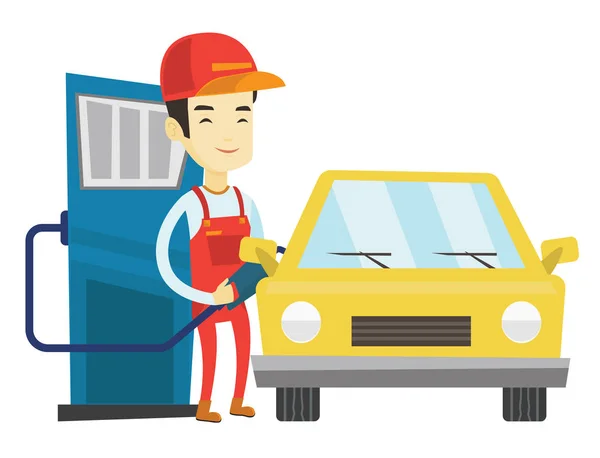 Werknemer opvullen van brandstof in auto bij het benzinestation — Stockvector