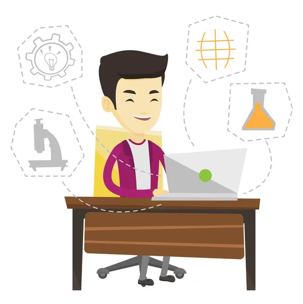 Estudiante trabajando en ilustración vector portátil . — Vector de stock