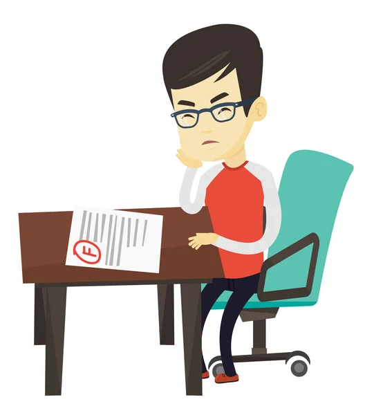 Sad student looking at test paper with bad mark. — Stock Vector