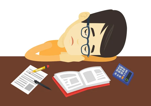 Estudante dormindo na mesa com livro . — Vetor de Stock