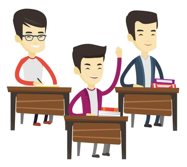 Estudiante levantando la mano en clase para una respuesta . — Vector de stock