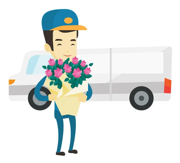Wysyłki kurierskie trzymając bukiet kwiatów. — Wektor stockowy