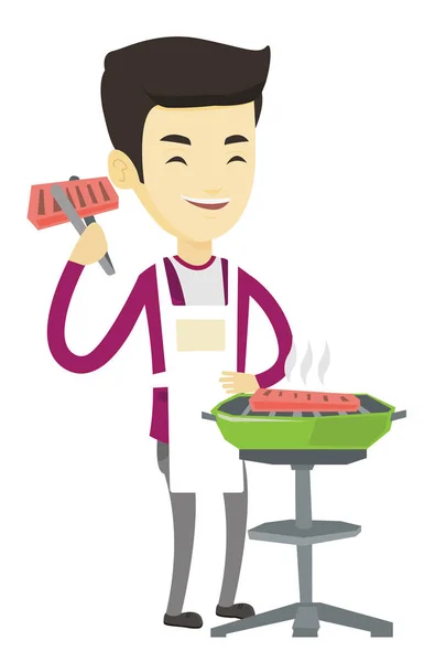 Man koken steak op barbecue grill. — Stockvector
