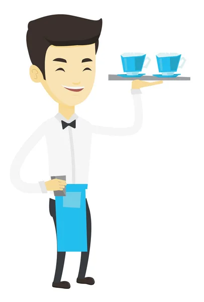 Servitören holding bricka med koppar coffeee eller te. — Stock vektor