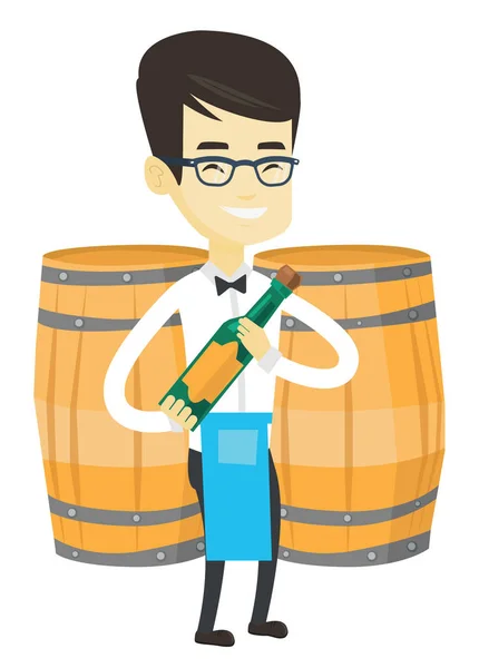 Camarero sosteniendo botella de alcohol . — Vector de stock