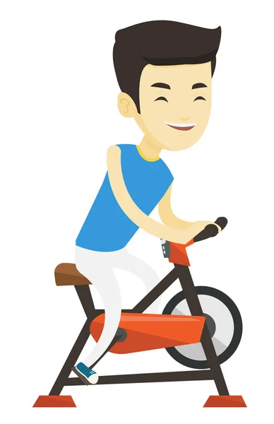 Joven montando bicicleta estacionaria . — Vector de stock