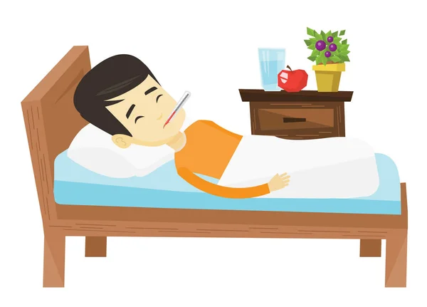 Homem doente com termômetro deitado na cama . —  Vetores de Stock