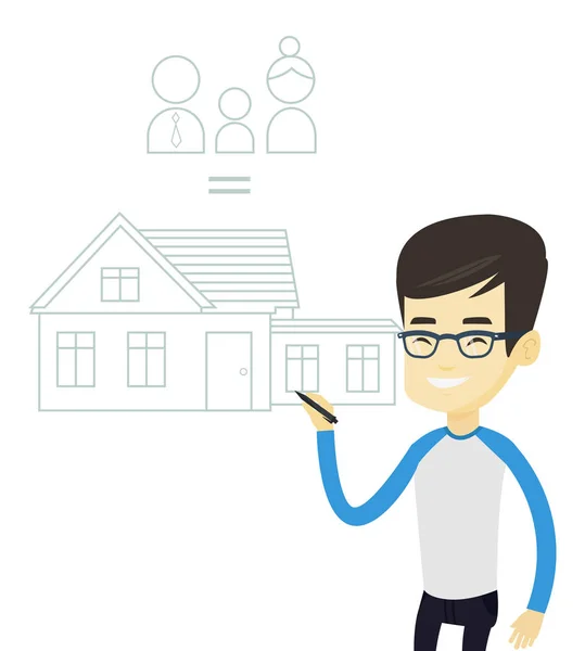 Young asian man drawing family house. — Stock Vector