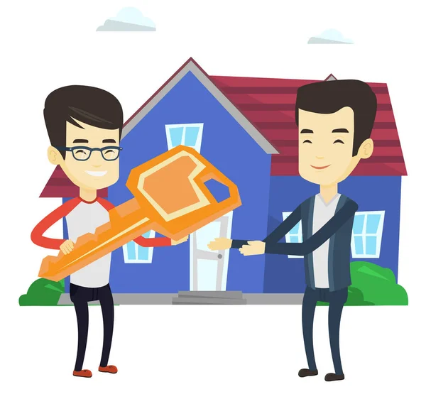 Fastighetsmäklare ger nyckeln till nya huset ägare. — Stock vektor