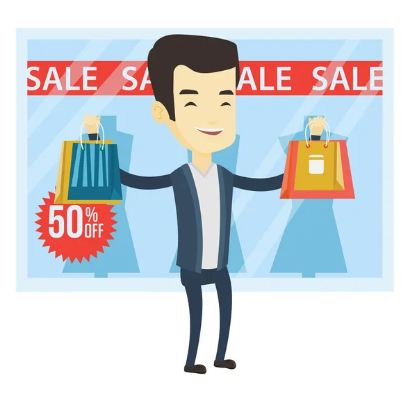 Ο άνθρωπος ψώνια στην πώληση εικονογράφηση διάνυσμα. — Διανυσματικό Αρχείο