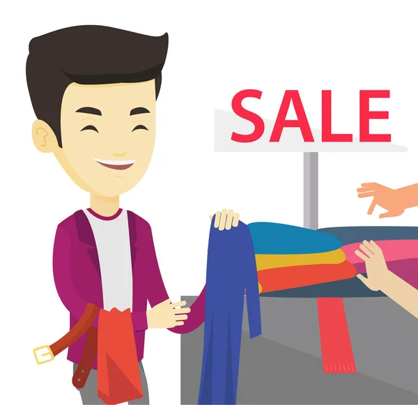 Νεαρός άνδρας επιλέγουν ρούχα στο κατάστημα για την πώληση. — Διανυσματικό Αρχείο