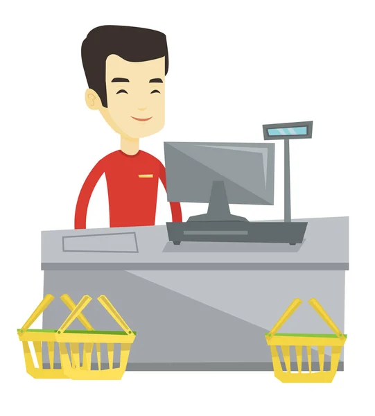 Cashier standing at the checkout in supermarket. — Stock Vector