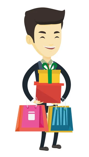 Homme heureux tenant des sacs à provisions et des boîtes-cadeaux . — Image vectorielle