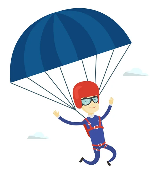 Giovane uomo felice che vola con il paracadute . — Vettoriale Stock