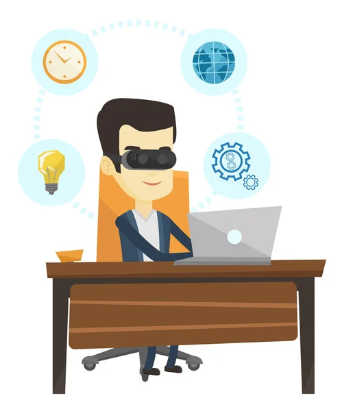 Businessman in vr headset working on computer. — Stock Vector