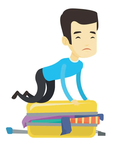 stock vector Young man trying to close suitcase.