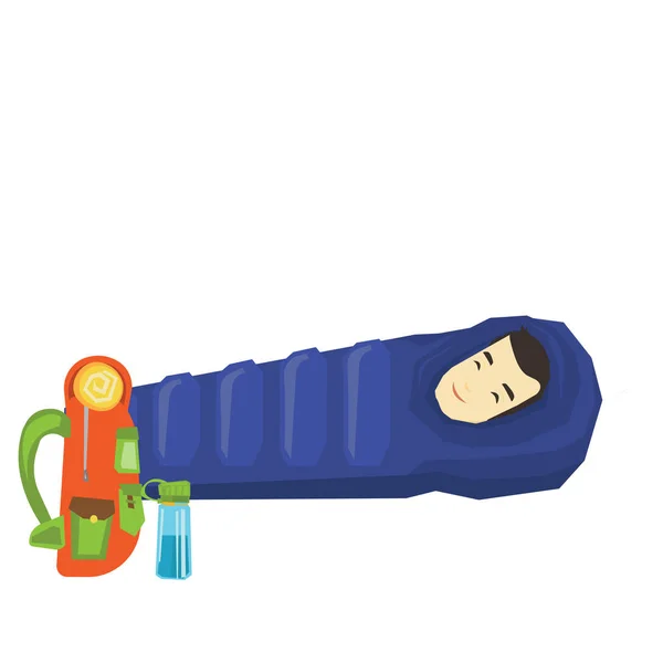 Hombre durmiendo en saco de dormir en las montañas . — Vector de stock