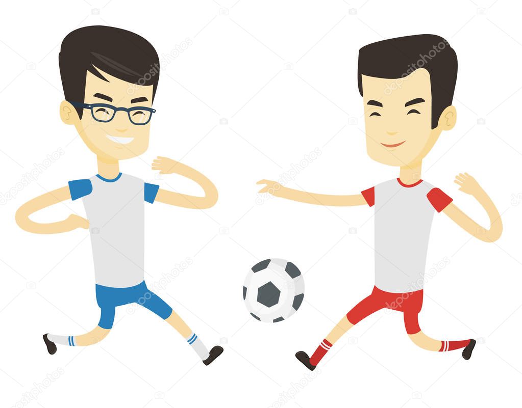 Two male soccer players fighting for ball.