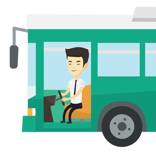 Azjatki Autobus kierowca siedzi w kierownicy. — Wektor stockowy