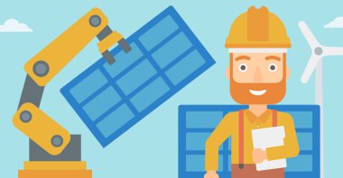 Robotik Kol güneş enerjisi paneli yükleme.