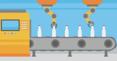 Robotik Kol Konveyör bant şişe ile çalışma.