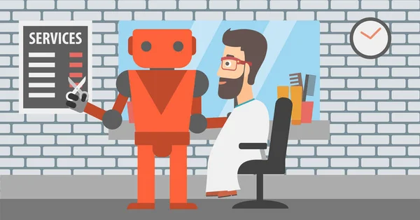 Robot peluquero haciendo corte de pelo a un hombre hipster . — Vector de stock