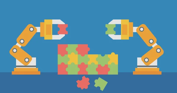Deux bras robotiques construisant un puzzle coloré . — Image vectorielle