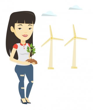 Küçük bitki vektör çizim tutan kadın.