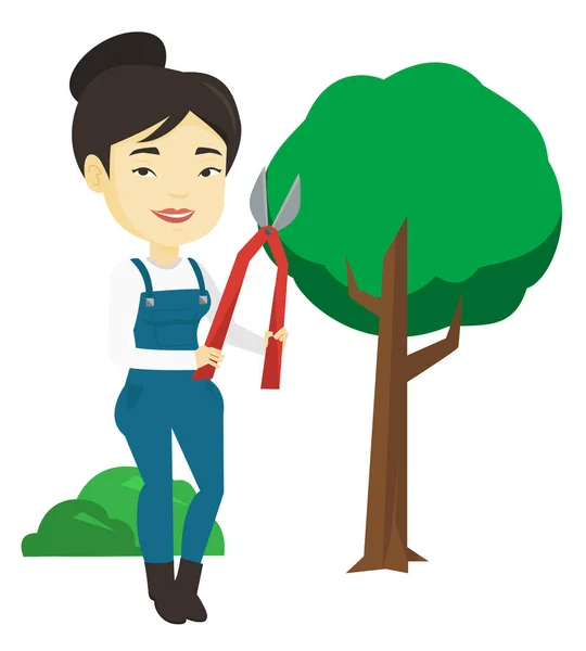 Farmer with pruner in garden vector illustration. — Stock Vector