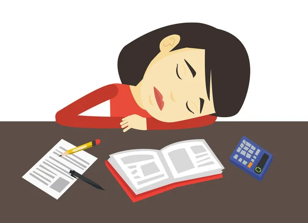 Student sleeping at the desk with book. — Stock Vector