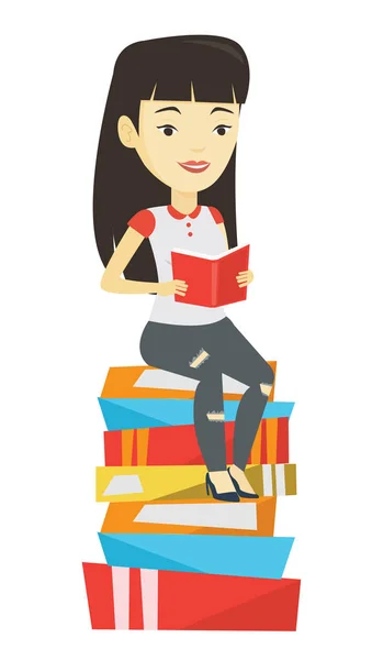 Student sitting on huge pile of books. — Stock Vector