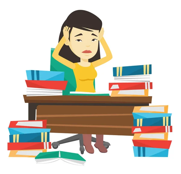 Student sitting at the table with piles of books. — Stock Vector