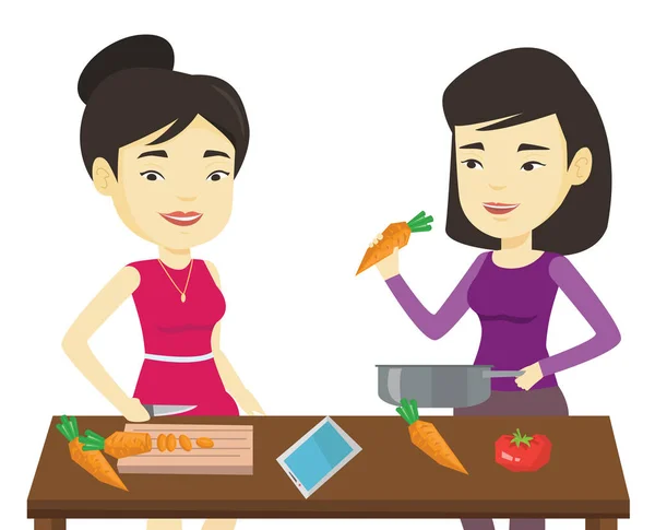 Mujeres cocinando comida vegetal saludable . — Vector de stock