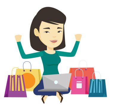 Kadın alışveriş online vektör çizim.