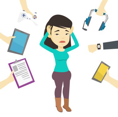 Genç kadın onun gadget'lar ile çevrili.