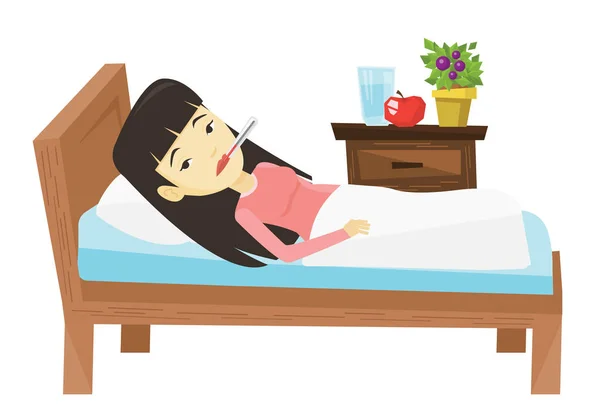 Donna malata con termometro a letto . — Vettoriale Stock