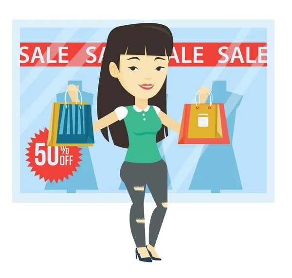 Vrouw winkelen op verkoop vectorillustratie. — Stockvector