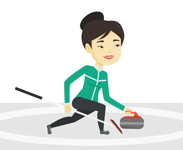 Jugador de curling jugando curling en pista de curling . — Vector de stock