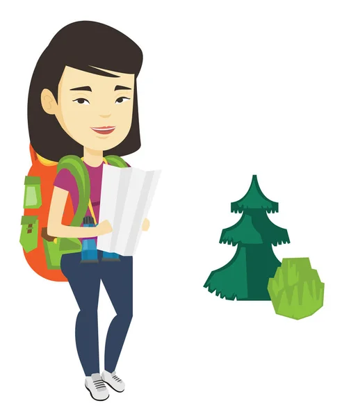 Traveler with backpack looking at map. — Stock Vector