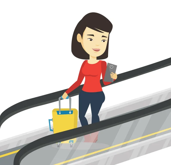 Mulher usando smartphone na escada rolante no aeroporto . —  Vetores de Stock