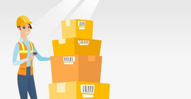 İşçi tarama barkod kutusu üzerinde ambar.