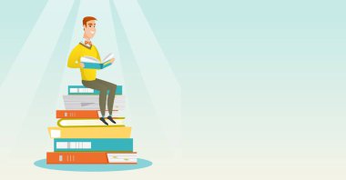 Büyük yığın kitap üzerinde oturuyor öğrenci.