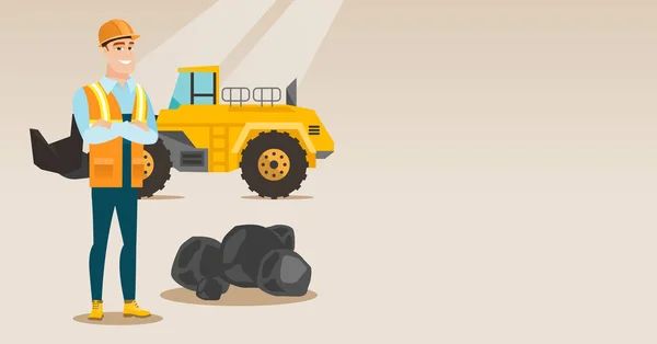 Minero con una gran excavadora en el fondo . — Vector de stock