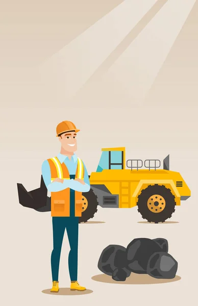 Miner with a big excavator on background. — Stock Vector