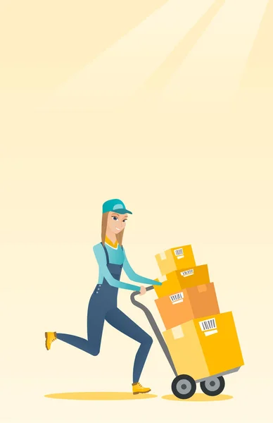 Consegna postino con scatole di cartone su carrello . — Vettoriale Stock