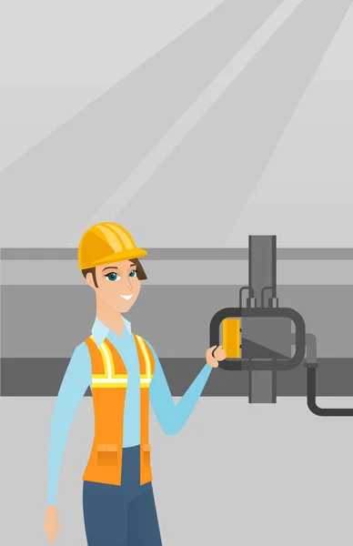 Operator checking detector on gas pipeline. — Stock Vector