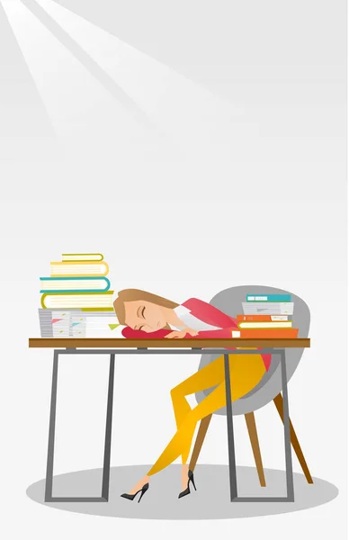 Masa başında kitap ile uyuyan kız öğrenci. — Stok Vektör